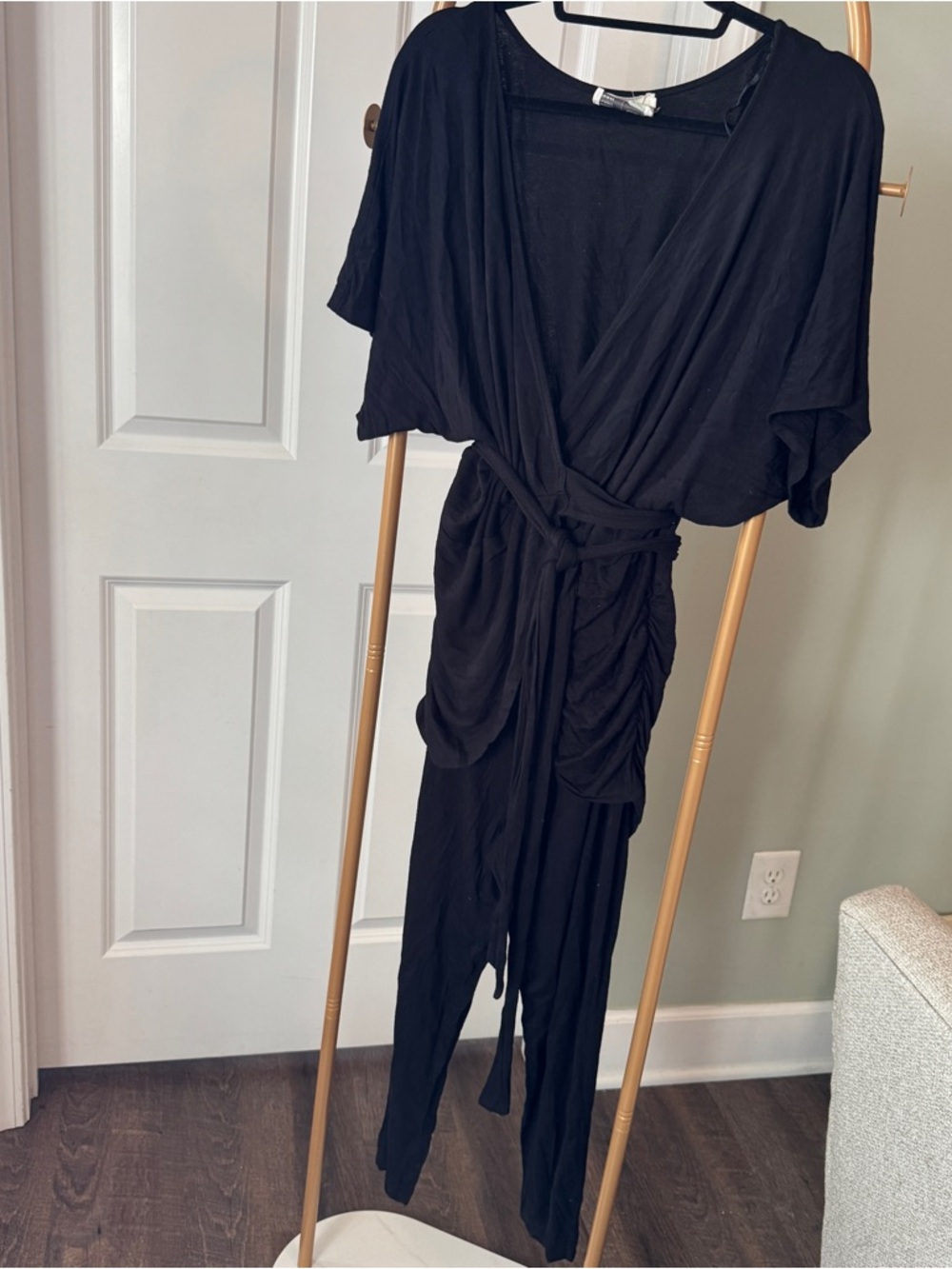 Draped Black Wrap Jumpsuit with Tie Waist